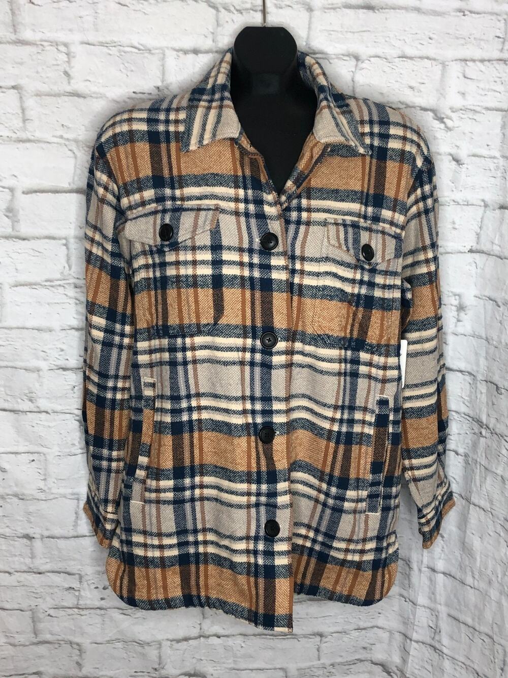 Lucky Brand Jacket Womens Small tan blue and brown Plaid Cotton Casual MSRP $179